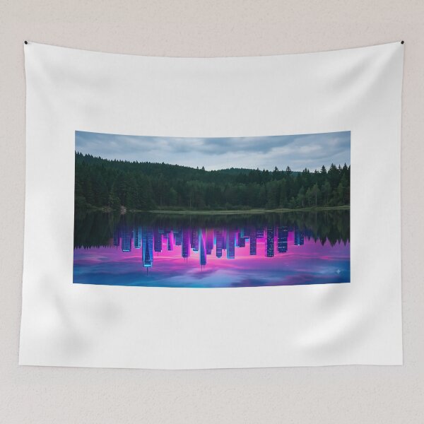 Item preview, ⁠Vaporwave Reflection Surreal Neon City and Lake Photography⁠ designed and sold by Julia9632.