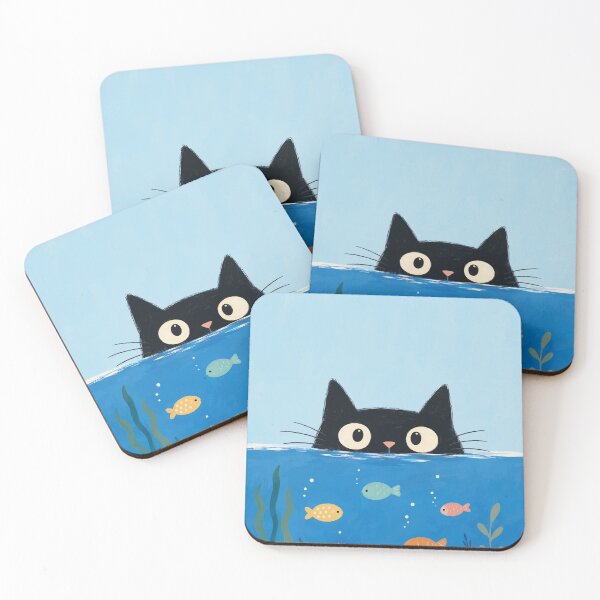 Item preview, Black Cat Peeking Underwater Fish Aquarium Cute Whimsical Ocean Art designed and sold by The Upside Down.