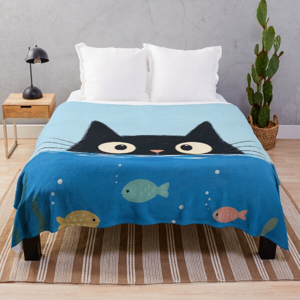 Item preview, Black Cat Peeking Underwater Fish Aquarium Cute Whimsical Ocean Art designed and sold by The Upside Down.