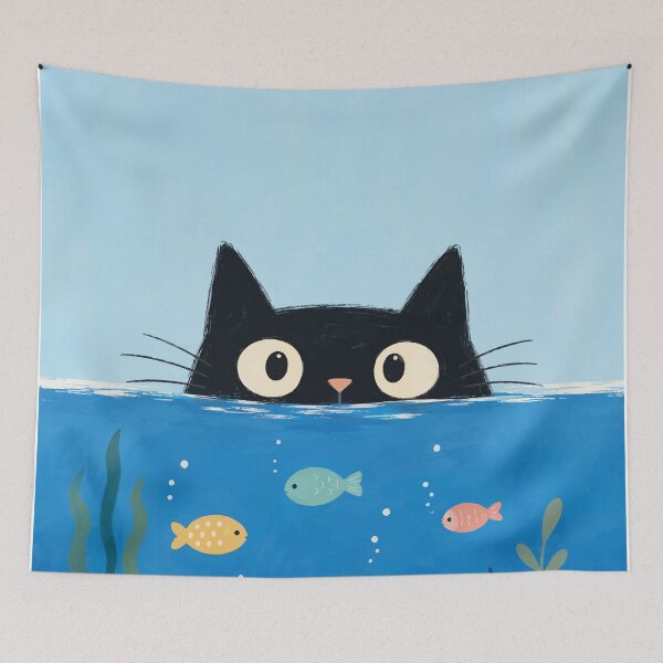 Item preview, Black Cat Peeking Underwater Fish Aquarium Cute Whimsical Ocean Art designed and sold by The Upside Down.