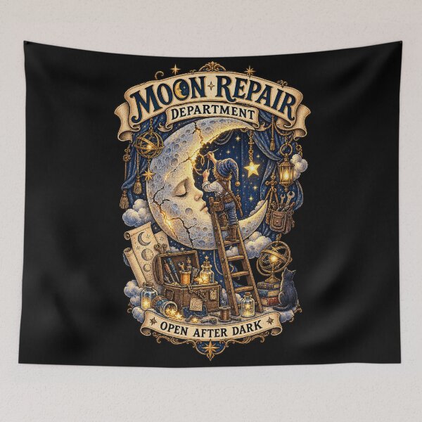 Item preview, Moon Repair Department – Whimsical Celestial Moon Vintage Fantasy Art designed and sold by Emoji Emblems.