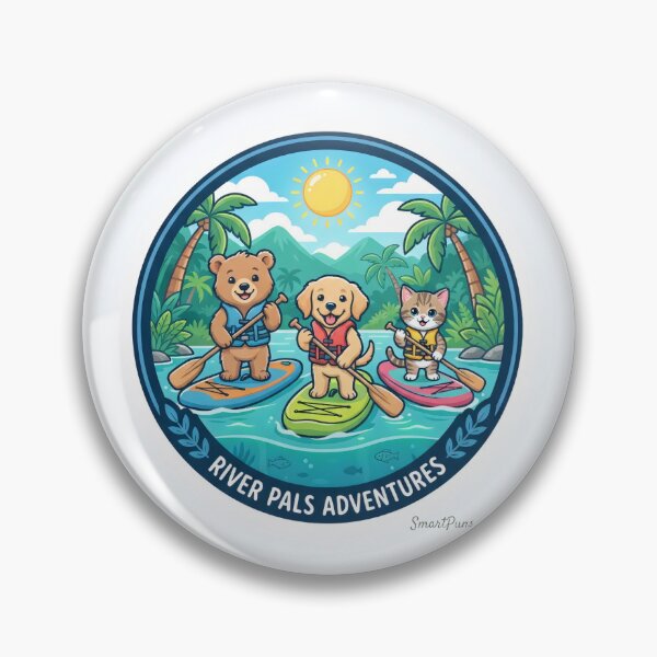 Item preview, River Pals Adventures – Cute Cartoon Animals Stand Up Paddleboarding, Baby Bear Dog Cat SUP Surf Circle, Vintage Scout Badge Apparel Graphic Sticker designed and sold by SmartPuns.