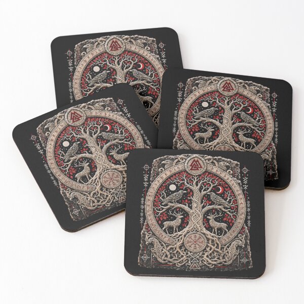 Item preview, Red Crown Yggdrasil Runestone – Ravens, Stags and World Tree designed and sold by OblivionRise.