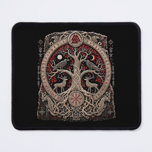 Item preview, Red Crown Yggdrasil Runestone – Ravens, Stags and World Tree designed and sold by OblivionRise.