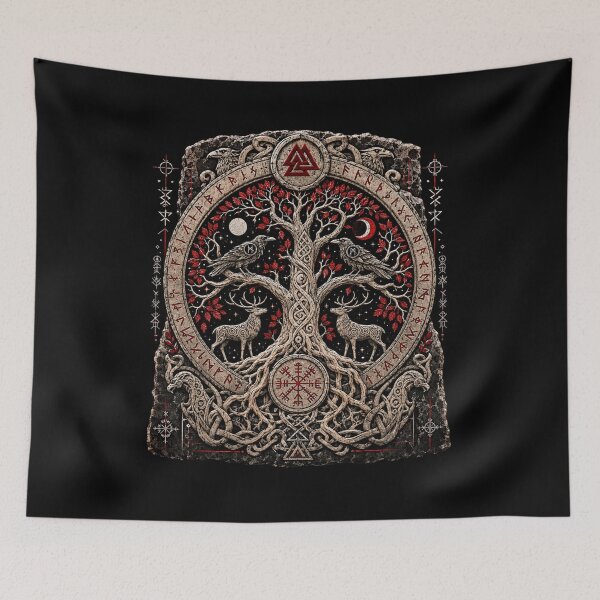 Item preview, Red Crown Yggdrasil Runestone – Ravens, Stags and World Tree designed and sold by OblivionRise.