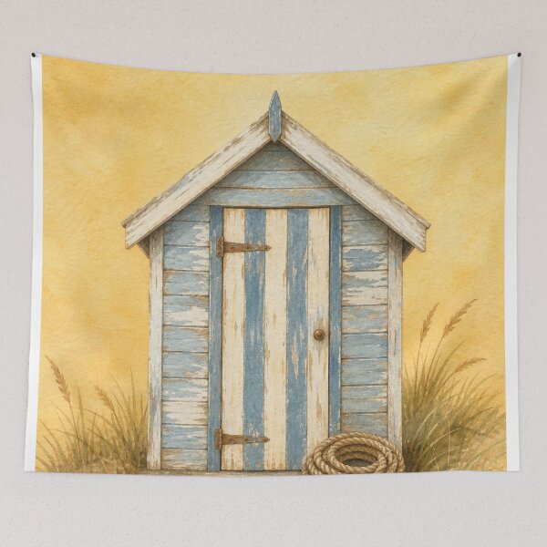 Item preview, Beach Hut with Striped Door Watercolour designed and sold by GoldenHourWalls.