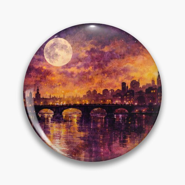 Item preview, Mystic Night Cityscape - Gothic European Full Moon Watercolor Painting designed and sold by Joey Santiago.