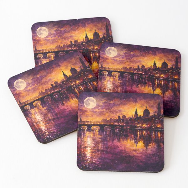 Item preview, Mystic Night Cityscape - Gothic European Full Moon Watercolor Painting designed and sold by Joey Santiago.
