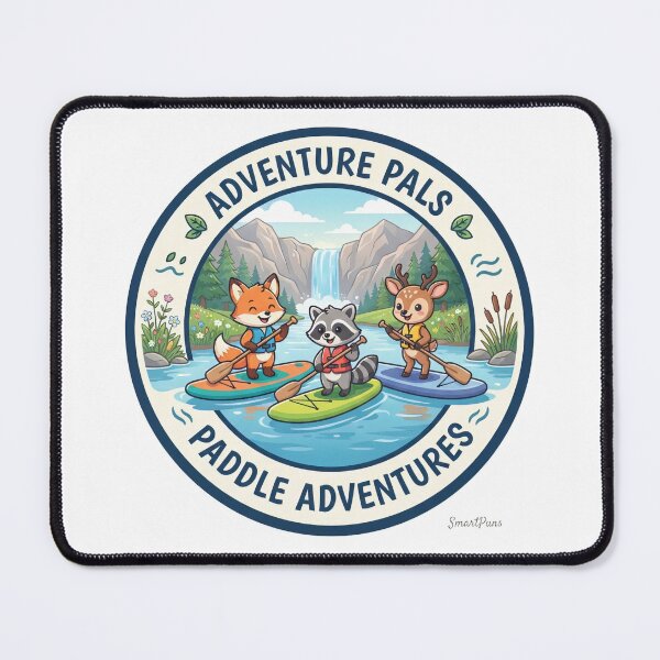 Item preview, Adventure Pals Paddle Adventures – Cute Forest Animals Stand Up Paddleboarding, Cartoon Fox Raccoon Deer SUP Waterfall Circle Badge Sticker designed and sold by SmartPuns.
