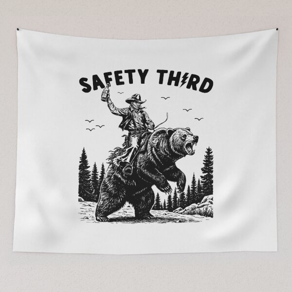 Item preview, "Safety Third" Cowboy Bear Rider Wild West Adventure - Vintage Woodcut Style designed and sold by Shopeon Designs.