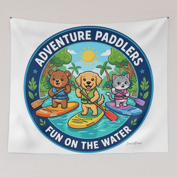 Item preview, Adventure Paddlers Fun on the Water – Cute Animals Stand Up Paddleboarding, Cartoon Bear Dog Cat SUP Circle Emblem, Summer Camping Logo Sticker designed and sold by SmartPuns.