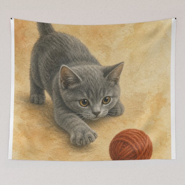 Item preview, Kitten Batting a Yarn Ball Watercolour designed and sold by GoldenHourWalls.