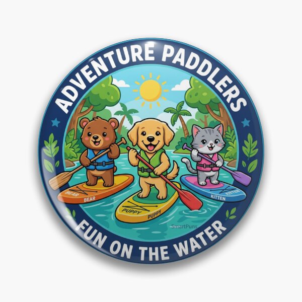 Item preview,  Adventure Paddlers Fun on the Water bl – Cute Animals Stand Up Paddleboarding, Cartoon Bear Dog Cat SUP Circle Emblem, Summer Camping Logo Sticker designed and sold by SmartPuns.