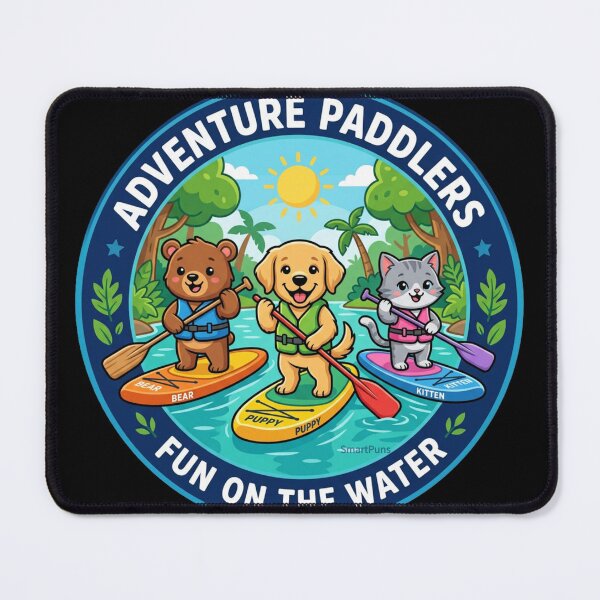 Item preview,  Adventure Paddlers Fun on the Water bl – Cute Animals Stand Up Paddleboarding, Cartoon Bear Dog Cat SUP Circle Emblem, Summer Camping Logo Sticker designed and sold by SmartPuns.