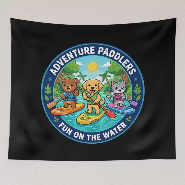 Item preview, Adventure Paddlers Fun on the Water bl – Cute Animals Stand Up Paddleboarding, Cartoon Bear Dog Cat SUP Circle Emblem, Summer Camping Logo Sticker designed and sold by SmartPuns.