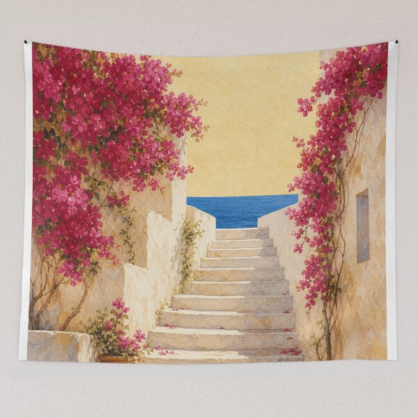 Item preview, Seaside Steps Bougainvillea Watercolour designed and sold by GoldenHourWalls.