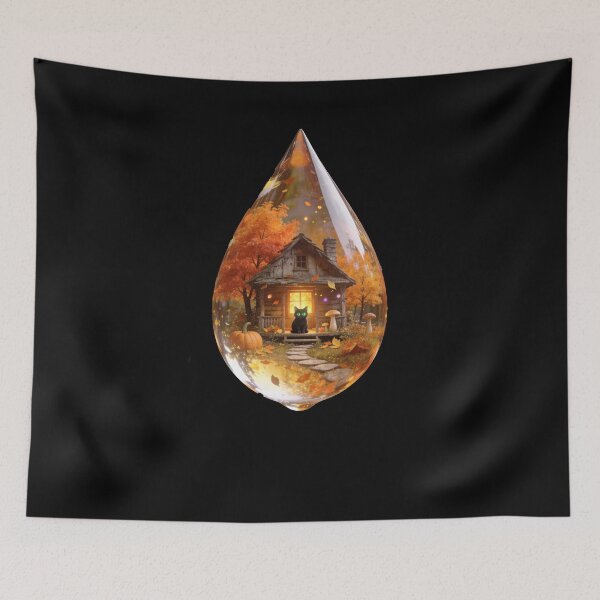 Item preview, Black Cat in an Enchanted Autumn Cabin Fantasy Water Drop designed and sold by OksArtStudio.