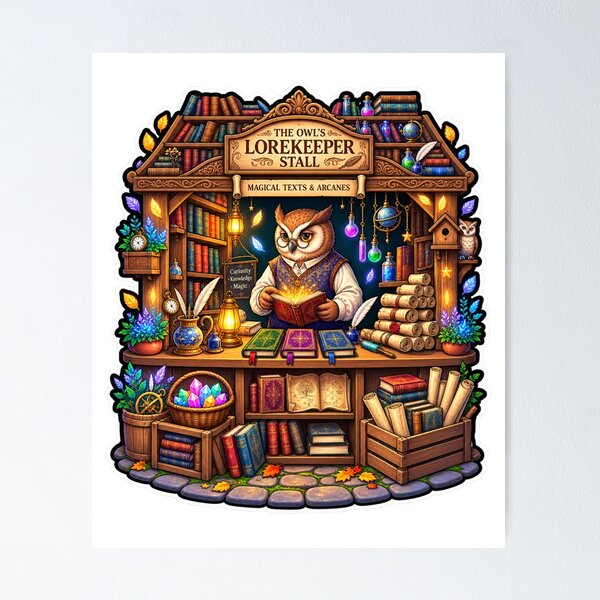 Item preview, Owl Lorekeeper Stall | Magical Owl Bookshop | Enchanted Fantasy Library designed and sold by MrDev.