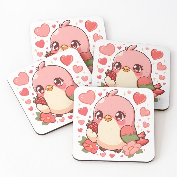 Item preview, Cute Kawaii Lovebird with Strawberry & Hearts | Adorable Pink Bird | Romantic Valentine Aesthetic designed and sold by dreamz-world.