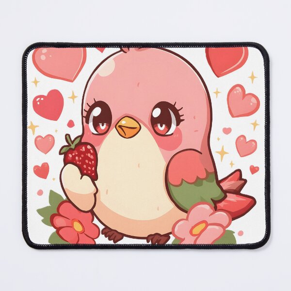 Item preview, Cute Kawaii Lovebird with Strawberry & Hearts | Adorable Pink Bird | Romantic Valentine Aesthetic designed and sold by dreamz-world.