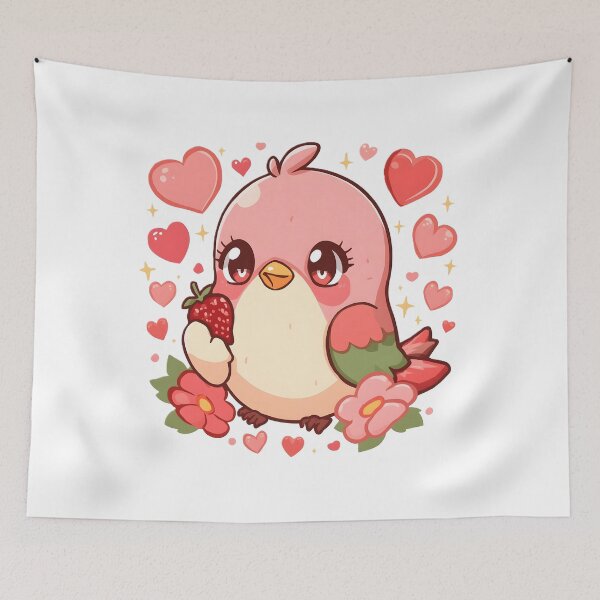 Item preview, Cute Kawaii Lovebird with Strawberry & Hearts | Adorable Pink Bird | Romantic Valentine Aesthetic designed and sold by dreamz-world.