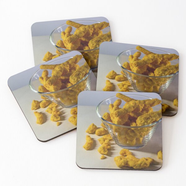 Item preview, Cheesy Corn Puffs Snack In Glass Bowl With Scattered Pieces On White Background designed and sold by Nmallia.