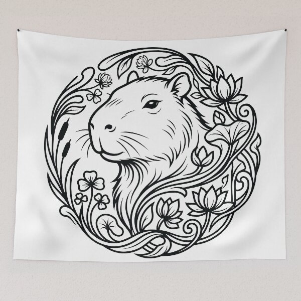 Item preview, Zen Capybara Botanical Wreath Line Art Illustration designed and sold by ZUMERI.
