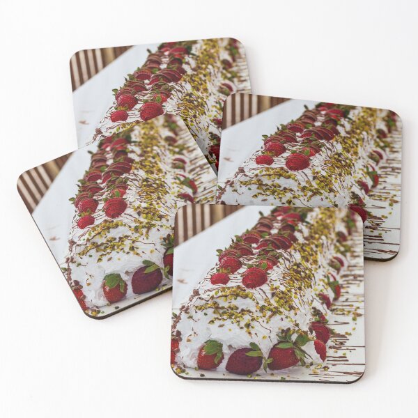 Item preview, Long Strawberry Whipped Cream Cake Drizzled With Chocolate And Pistachios On Serving Board designed and sold by Nmallia.