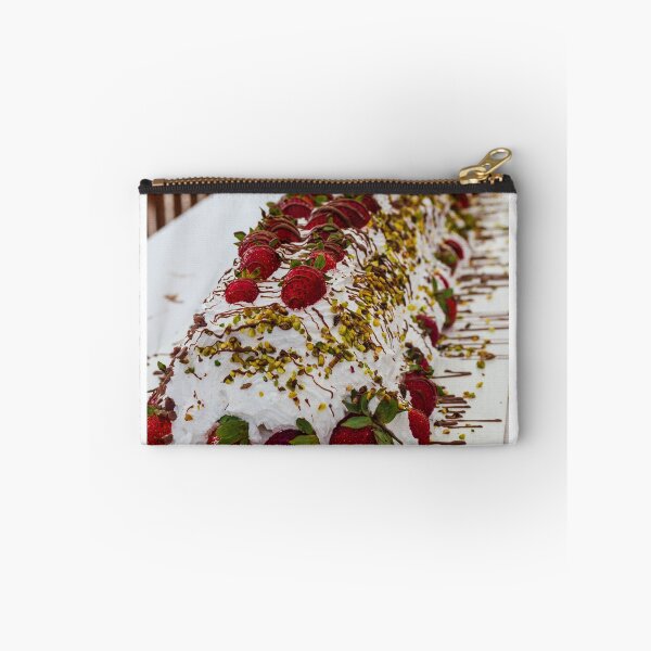 Item preview, Long Strawberry Whipped Cream Cake Drizzled With Chocolate And Pistachios On Serving Board designed and sold by Nmallia.