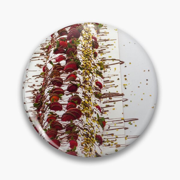 Item preview, Long Strawberry Whipped Cream Cake Drizzled With Chocolate And Pistachios On Serving Board designed and sold by Nmallia.