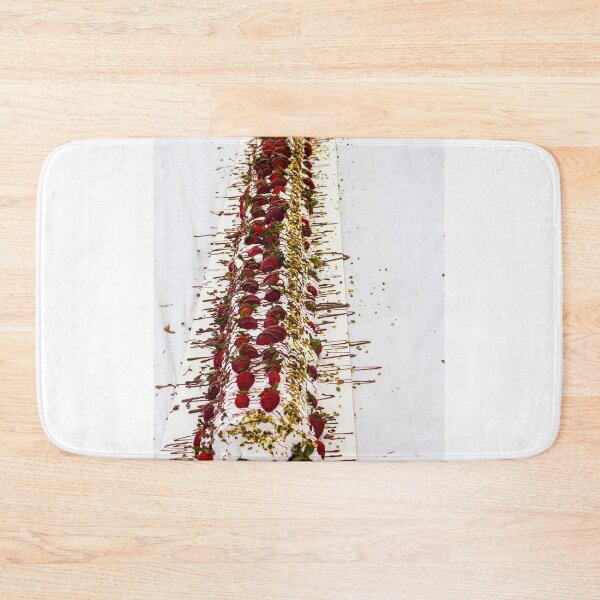 Item preview, Long Strawberry Whipped Cream Cake Drizzled With Chocolate And Pistachios On Serving Board designed and sold by Nmallia.