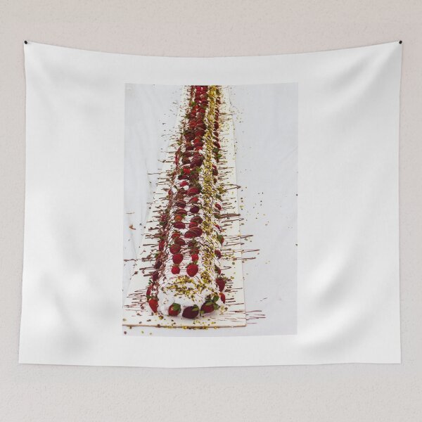 Item preview, Long Strawberry Whipped Cream Cake Drizzled With Chocolate And Pistachios On Serving Board designed and sold by Nmallia.