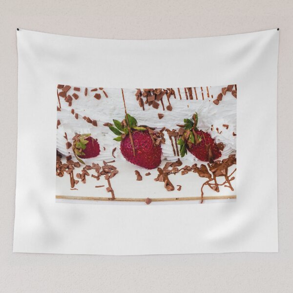 Item preview, Long Strawberry Whipped Cream Cake Drizzled With Chocolate And Pistachios On Serving Board designed and sold by Nmallia.
