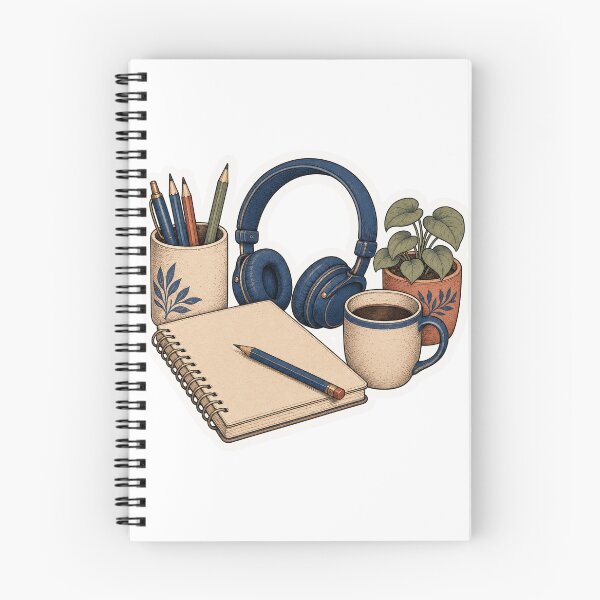 Item preview, Cozy Study Desk Notebook, Headphones, Coffee and Plant designed and sold by maouriworld.