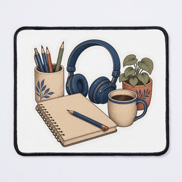 Item preview, Cozy Study Desk Notebook, Headphones, Coffee and Plant designed and sold by maouriworld.