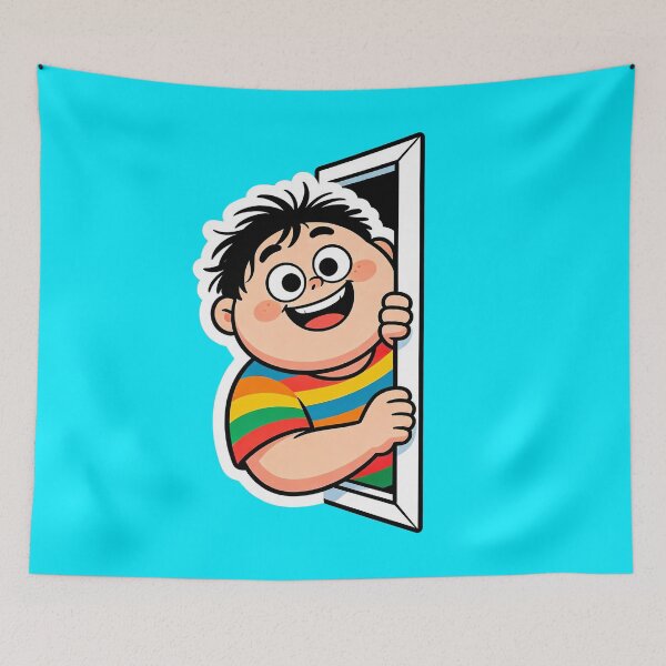Item preview, Cheerful Rainbow Shirt Boy Peeking Door Cartoon Art designed and sold by Raloel Art.