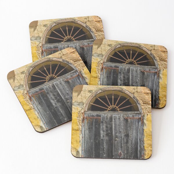 Item preview, Weathered Wooden Door In Arched Yellow Stone Facade With Rusted Hinges And Vintage Charm designed and sold by Nmallia.