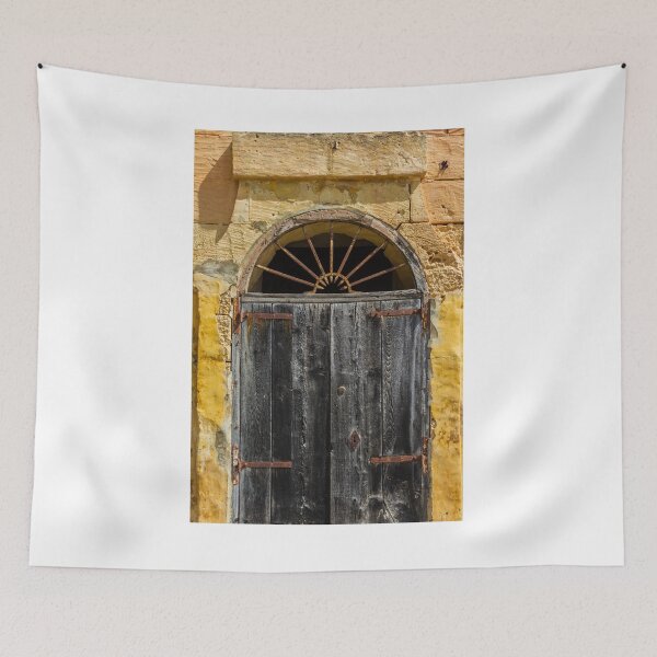 Item preview, Weathered Wooden Door In Arched Yellow Stone Facade With Rusted Hinges And Vintage Charm designed and sold by Nmallia.