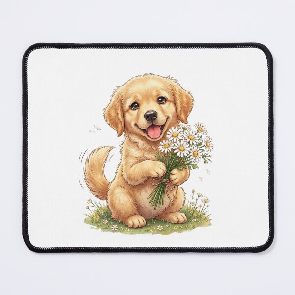 Item preview, Adorable Puppy Holding Daisy Bouquet designed and sold by StickVerse by Owais.