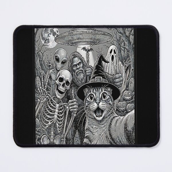 Item preview, Cat Selfie with Bigfoot Skeleton Alien UFO Funny Halloween designed and sold by Rahamkshop.