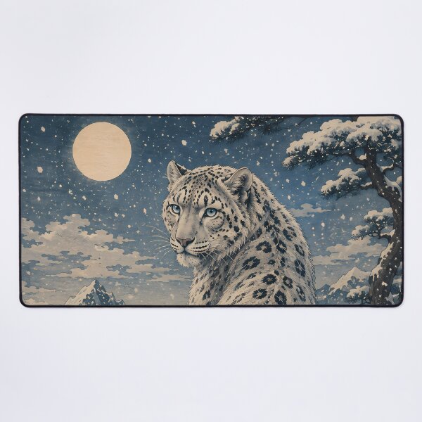 Item preview, Snow Leopard Under the Full Moon – Winter Mountain Wildlife Art designed and sold by ManJiangHong.