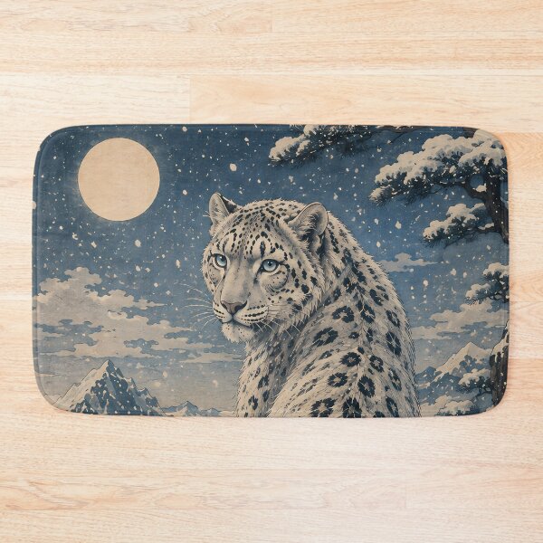 Item preview, Snow Leopard Under the Full Moon – Winter Mountain Wildlife Art designed and sold by ManJiangHong.