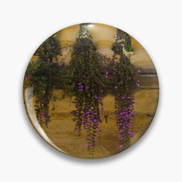 Item preview, Rustic Stone Balcony With Purple Hanging Flowers and Ornate Balustrade in Warm Sunlight designed and sold by Nmallia.