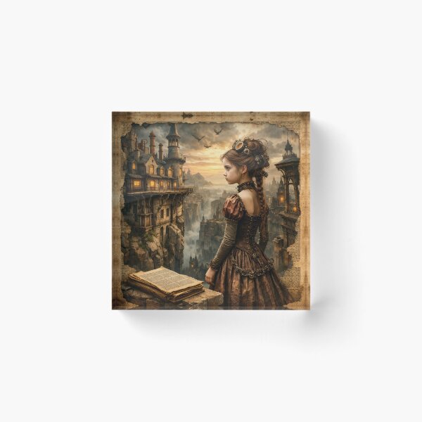 Item preview, Steampunk Girl in Fantasy City – Vintage Victorian Adventure Art Print designed and sold by Kaleidoscope Print.