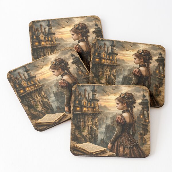 Item preview, Steampunk Girl in Fantasy City – Vintage Victorian Adventure Art Print designed and sold by Kaleidoscope Print.