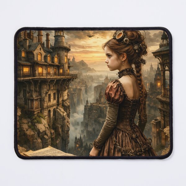 Item preview, Steampunk Girl in Fantasy City – Vintage Victorian Adventure Art Print designed and sold by Kaleidoscope Print.