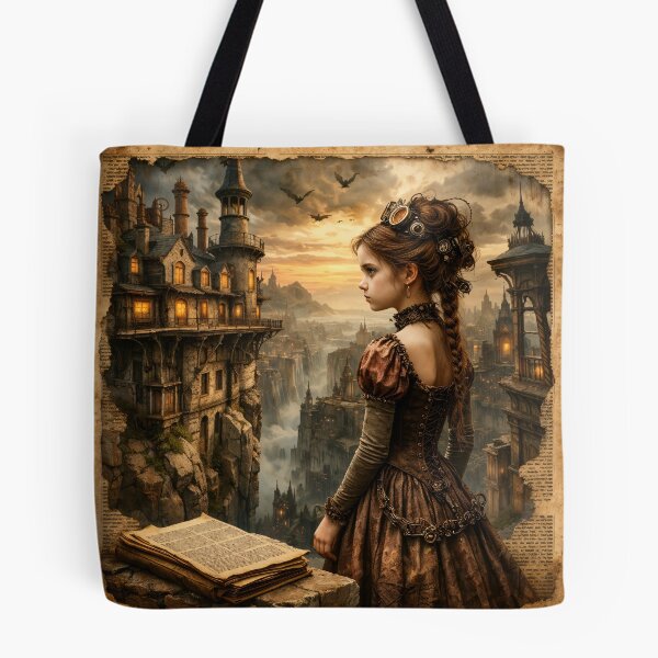 Item preview, Steampunk Girl in Fantasy City – Vintage Victorian Adventure Art Print designed and sold by Kaleidoscope Print.