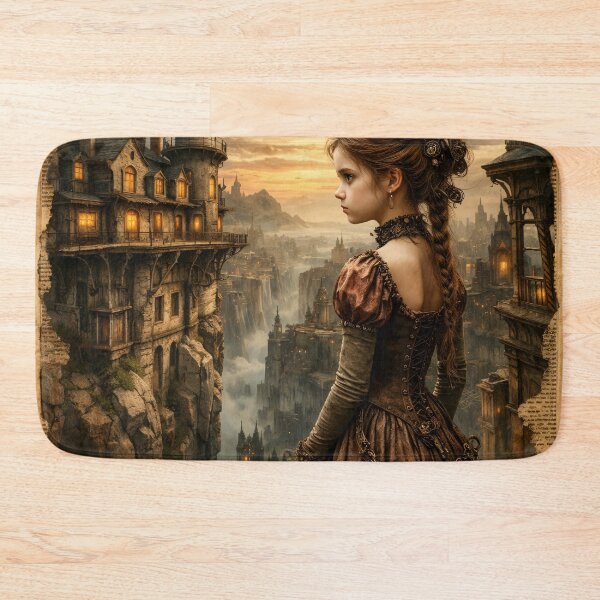 Item preview, Steampunk Girl in Fantasy City – Vintage Victorian Adventure Art Print designed and sold by Kaleidoscope Print.
