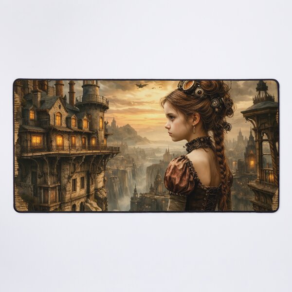 Item preview, Steampunk Girl in Fantasy City – Vintage Victorian Adventure Art Print designed and sold by Kaleidoscope Print.