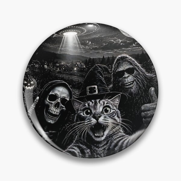 Item preview, Cat Selfie with Bigfoot Skeleton Alien UFO Funny Halloween designed and sold by Rahamkshop.